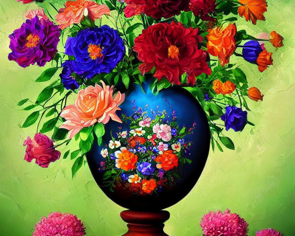 Colorful Flower Bouquet Still-Life Painting on Textured Green Background