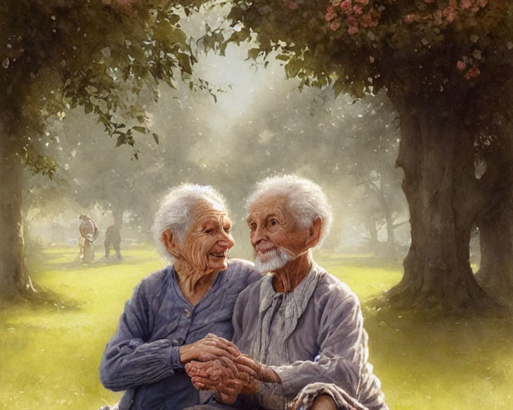 Elderly couple smiling under a tree in serene park