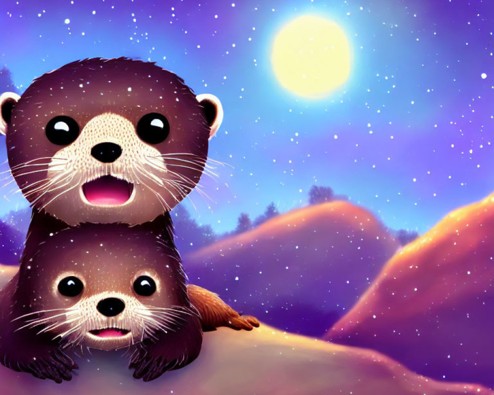 Cartoon otters under full moon on colorful hill