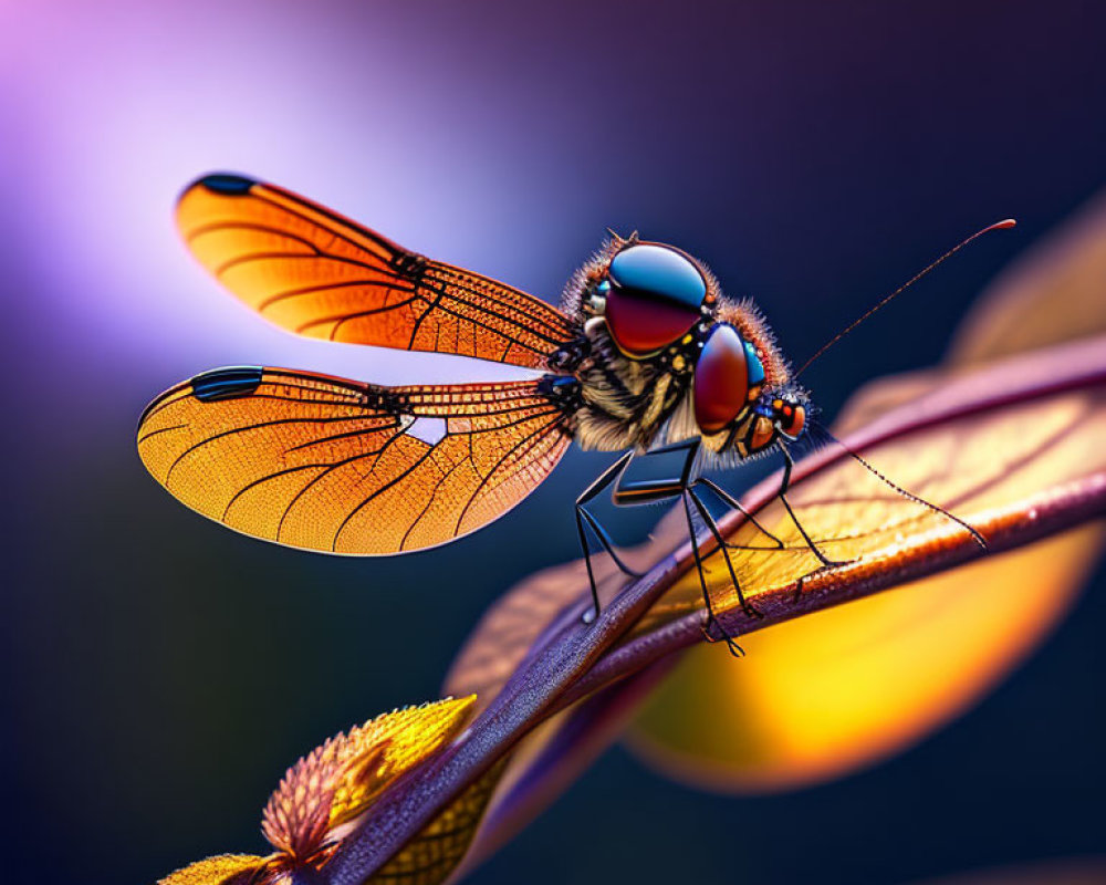 Close-up of vibrant dragonfly on leaf with delicate wings and iridescent body.