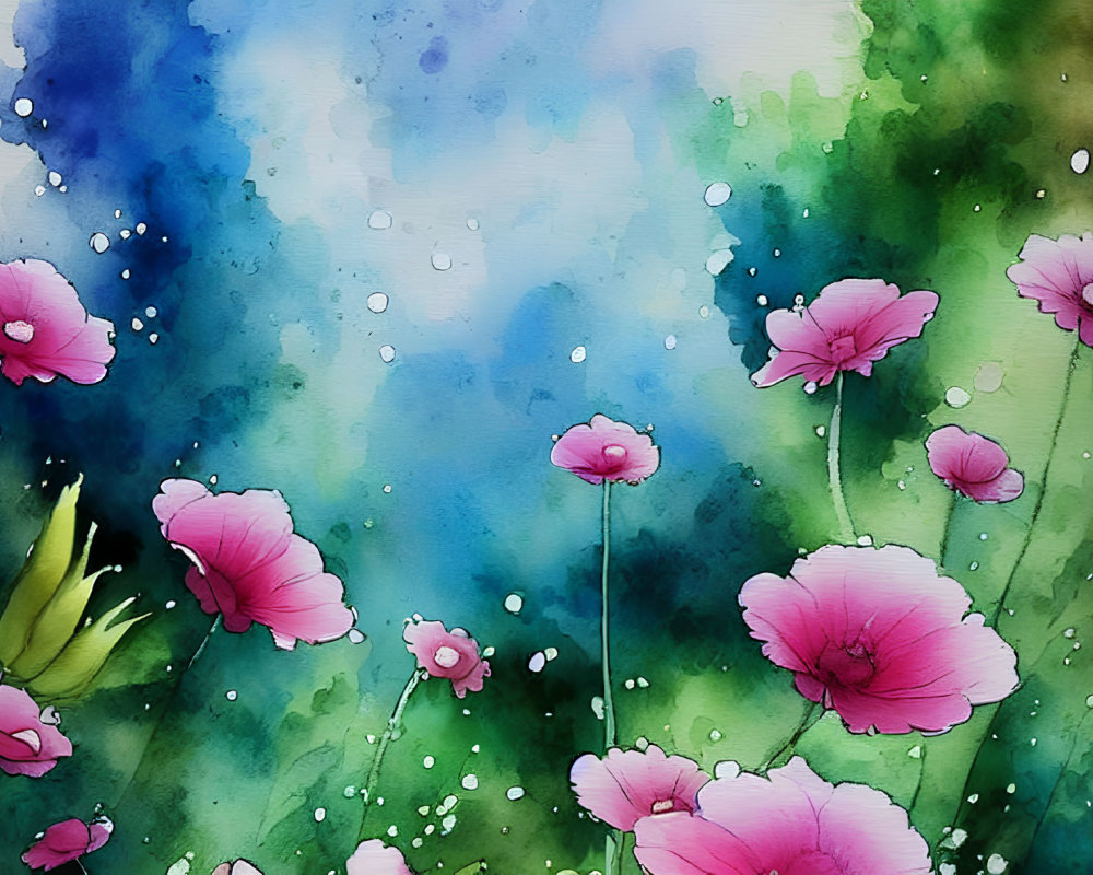 Pink Flowers Watercolor Painting with Blue, Green, and White Blending