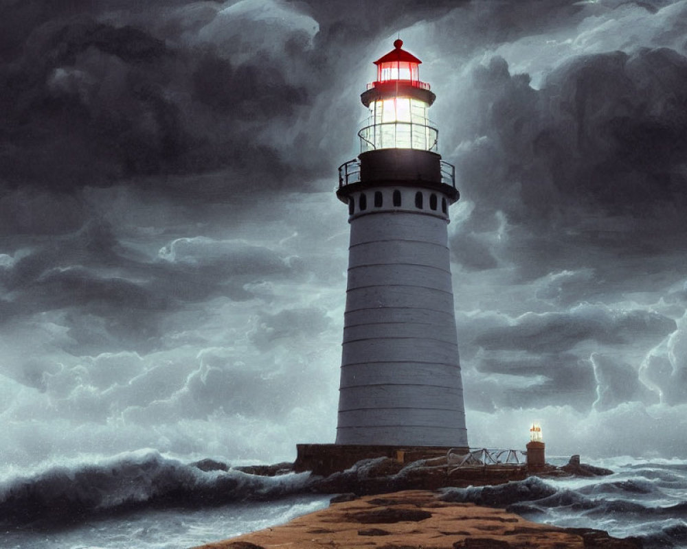 Lighthouse shining in stormy sea backdrop