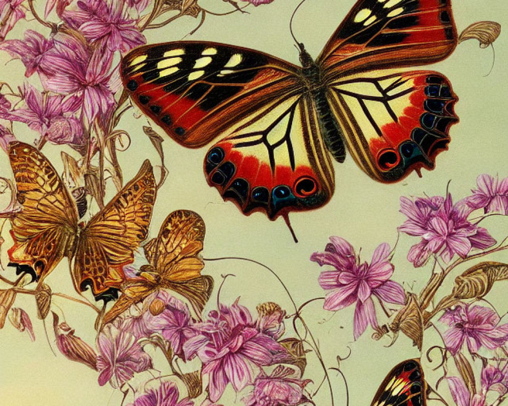 Colorful Butterfly Illustration with Pink Flowers