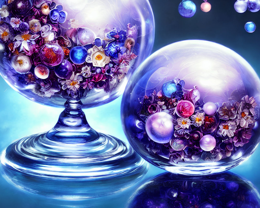 Colorful flowers and bubbles in glass vessels on blue background