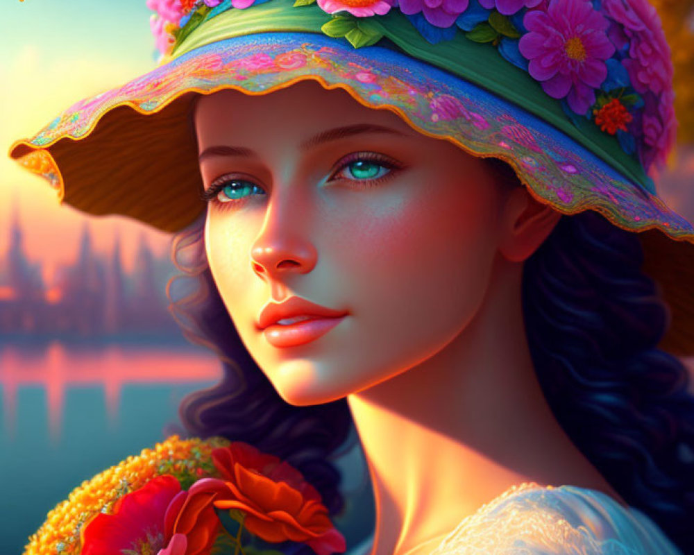 Portrait of woman with fair skin, blue eyes, floral hat, butterflies, and fantasy backdrop