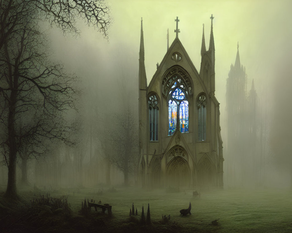 Gothic church in fog with stained glass windows and black cat