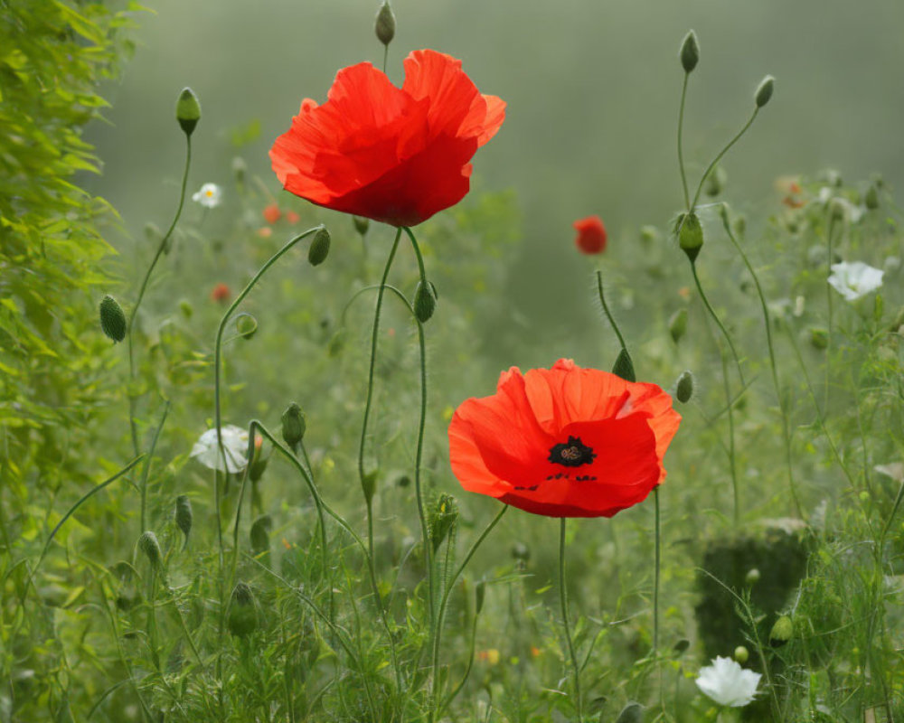 Vibrant Red Poppies in Full Bloom with Unopened Buds and Greenery