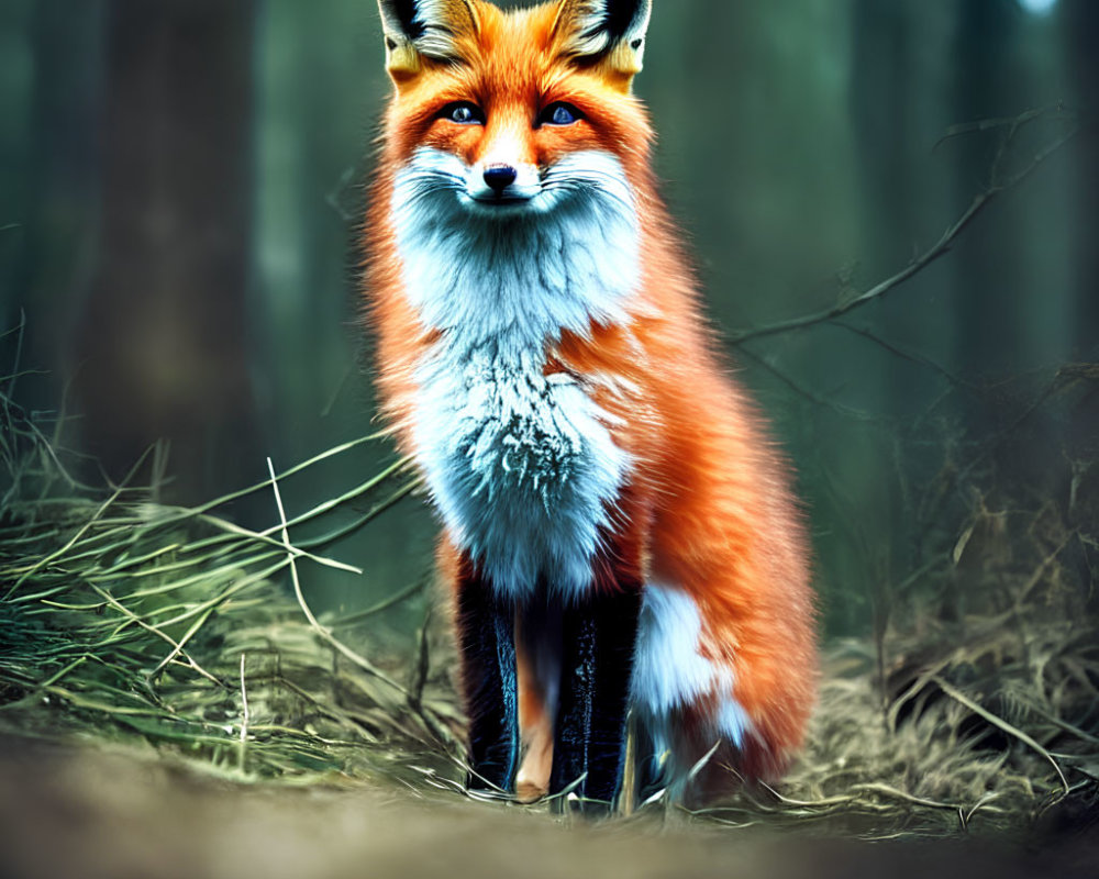 Red fox sitting attentively in lush forest setting