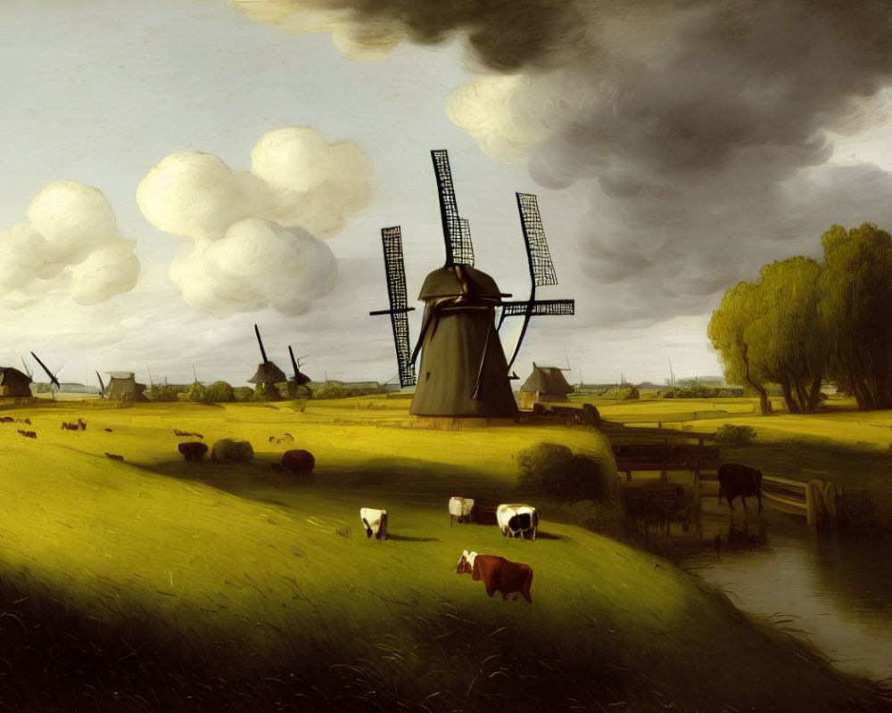 Rural landscape with windmills, grazing cows, and village under dramatic sky