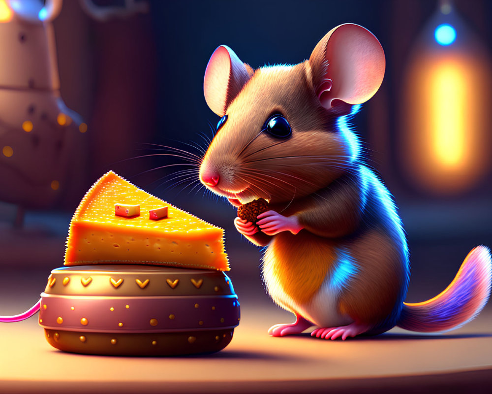 Smiling cartoon mouse with cheese and mousetrap