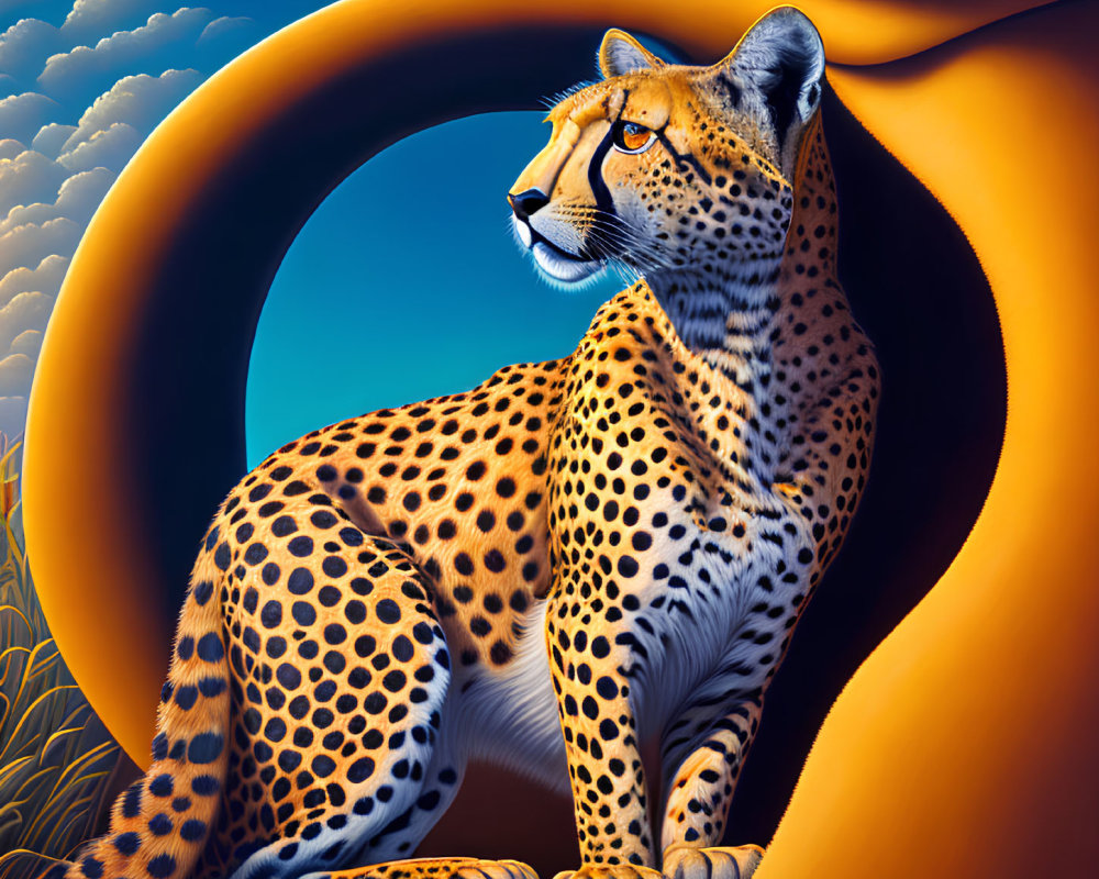 Majestic cheetah under blue sky with golden-orange frame