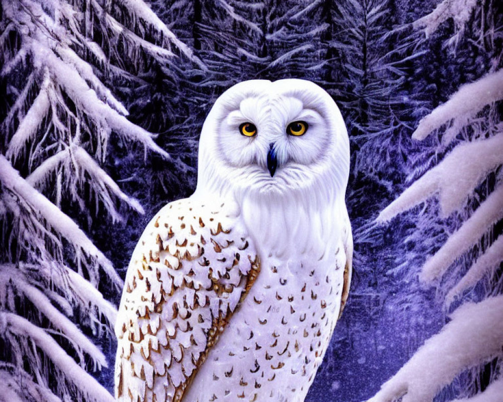 White Owl with Yellow Eyes Perched in Snowy Forest