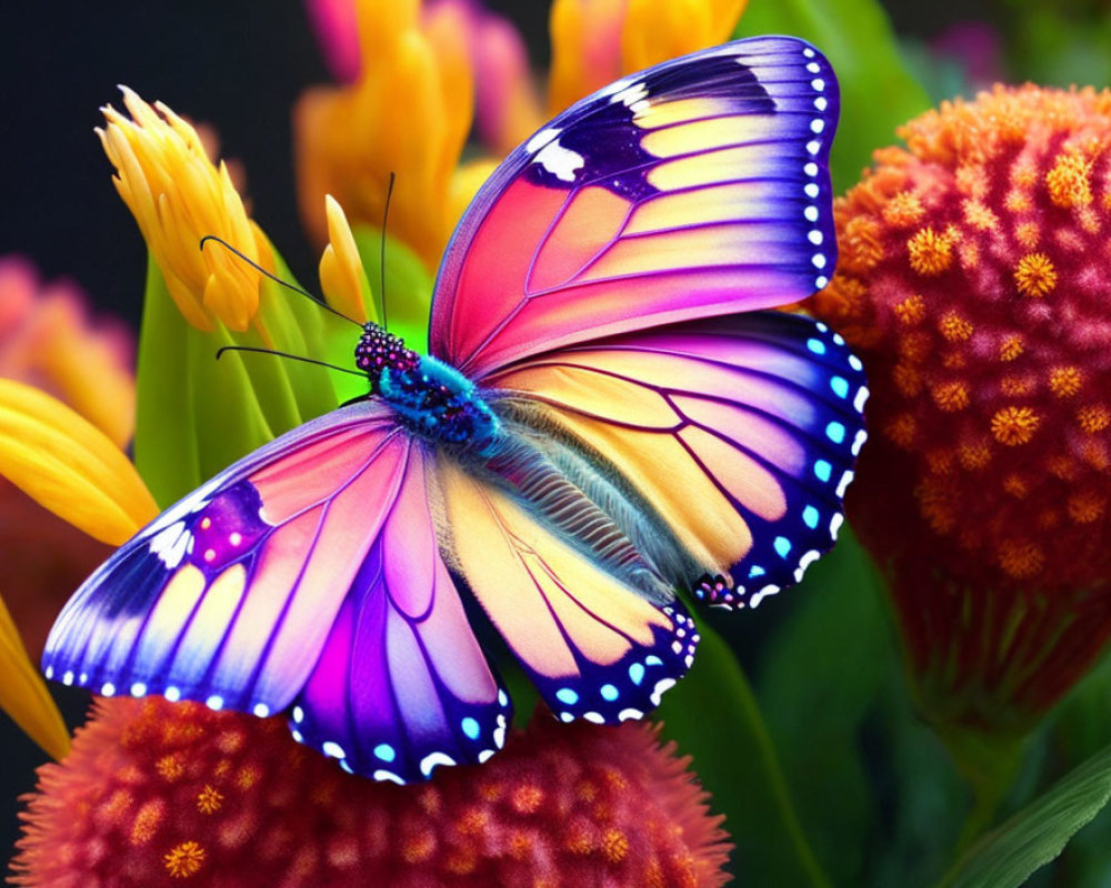 Colorful Butterfly Resting on Red Flower Against Dark Background