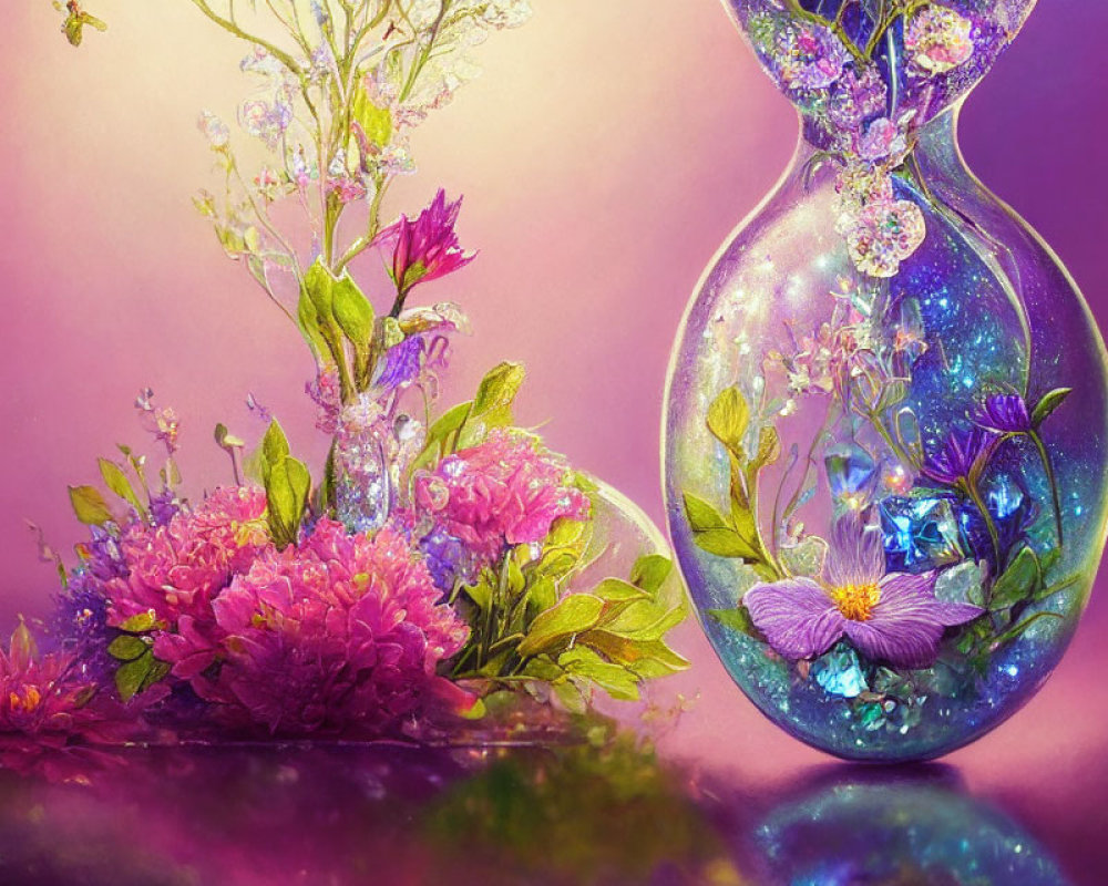 Colorful fantasy still life with glass hourglass, flowers, and crystals on purple background