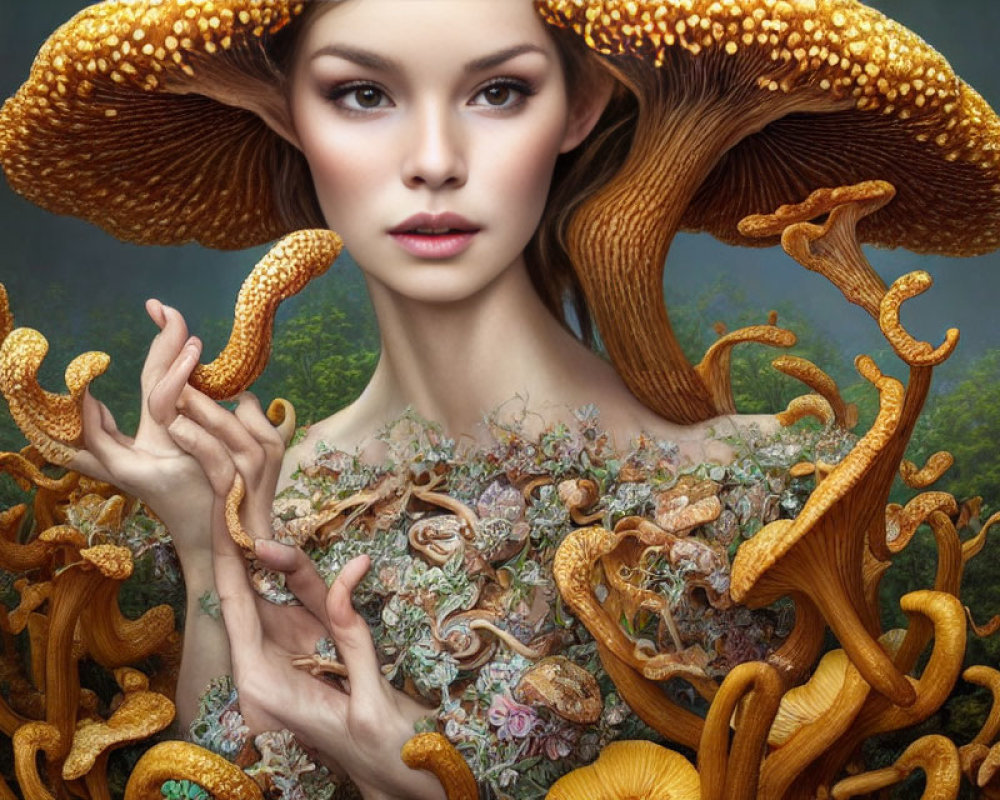 Intricate Earthy Tones and Mushroom Headpiece Artwork