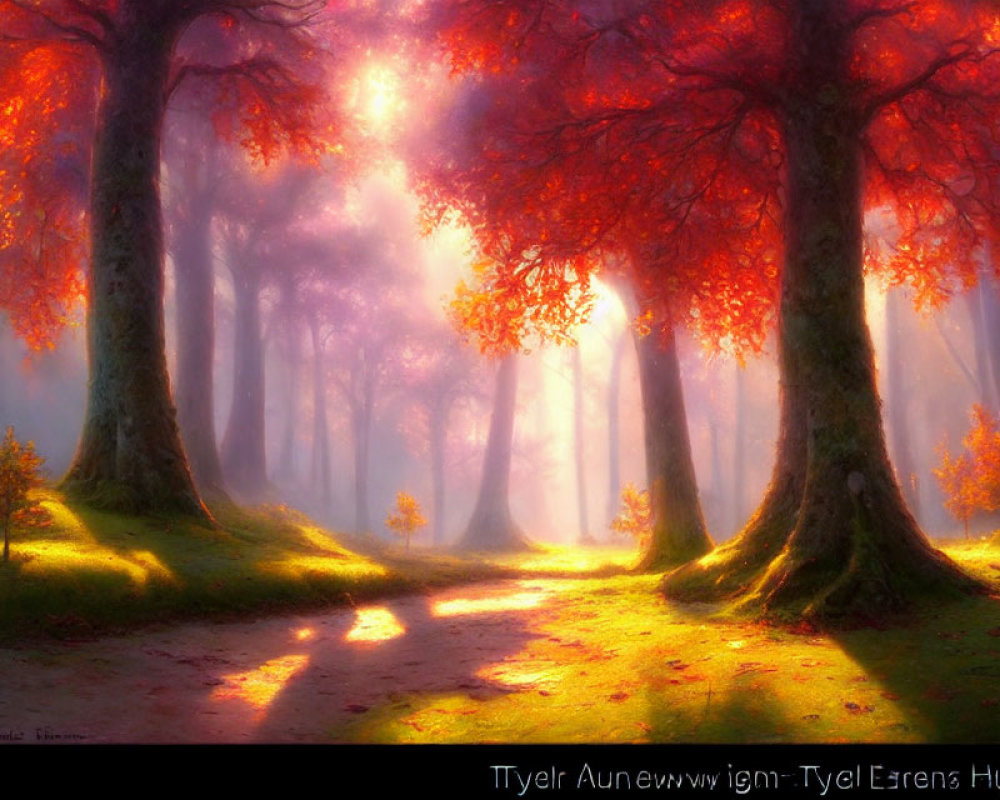 Enchanted autumn forest with sunbeams through golden foliage