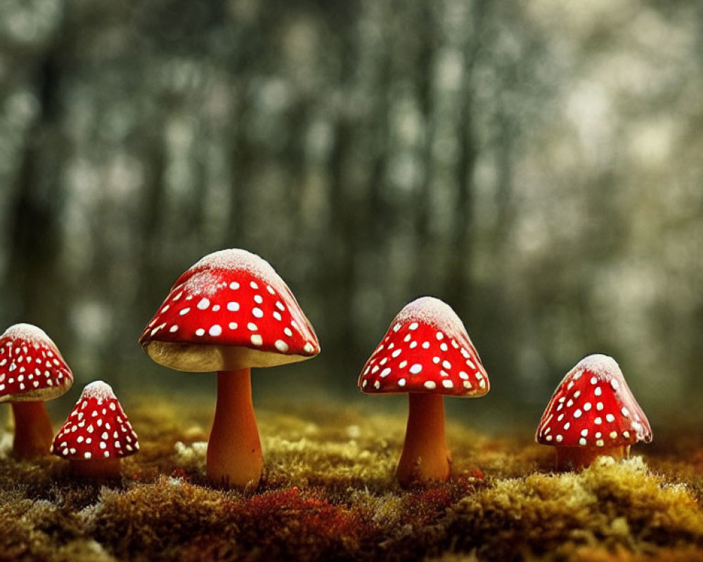 Vibrant red mushrooms with white spots in forest setting