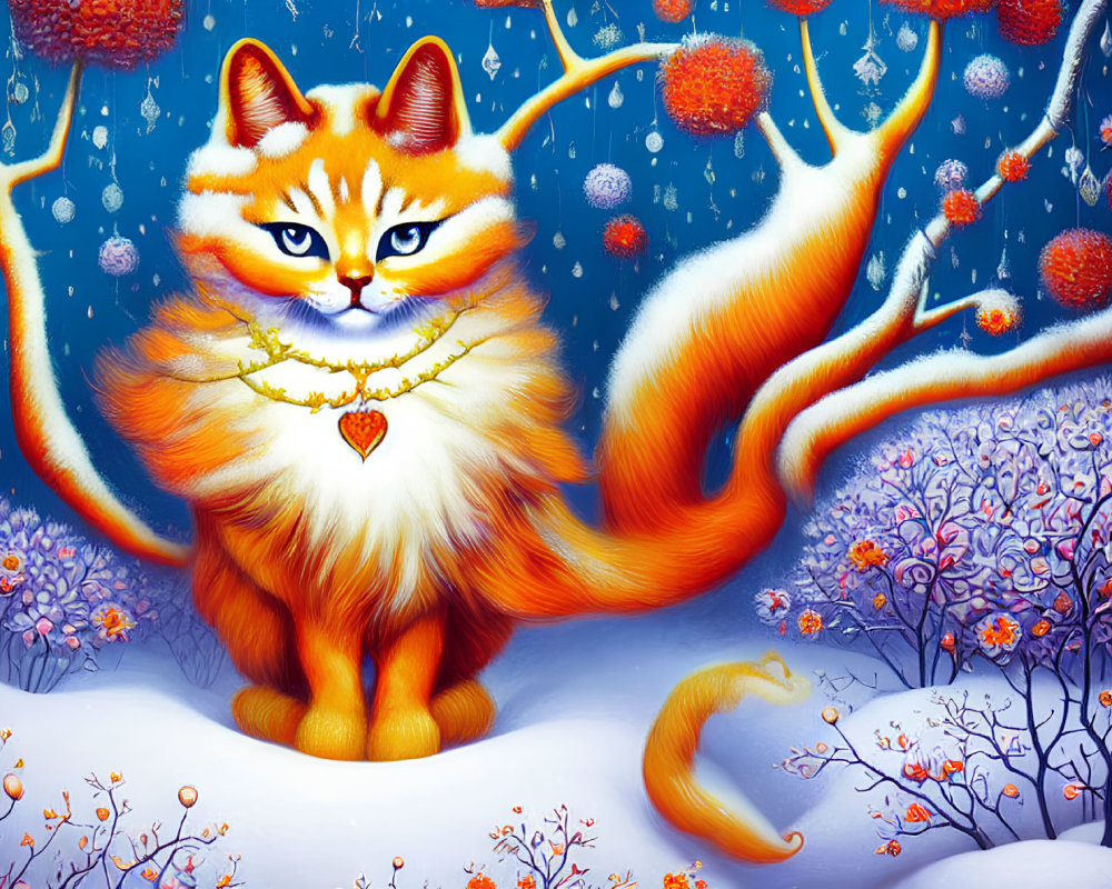 Whimsical orange cat with heart pendant in vibrant snow-covered fantasy forest