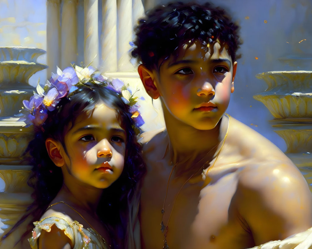 Children in classical clothing with flower crowns near marble column in warm sunlight.