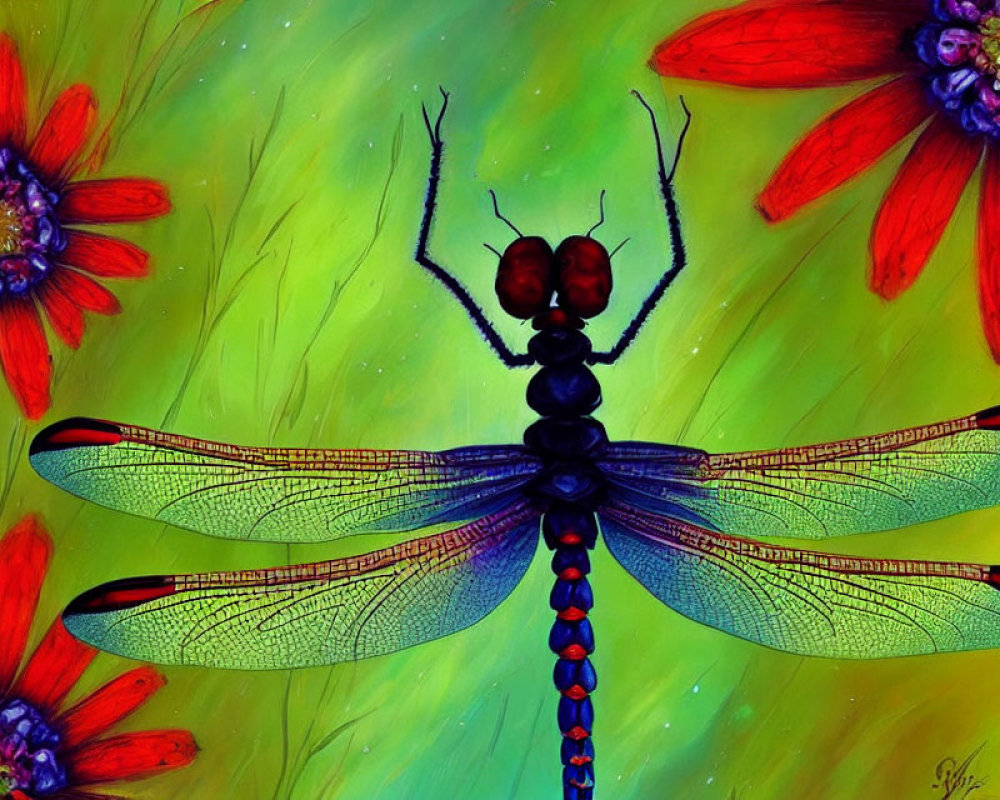 Detailed Dragonfly Digital Painting on Colorful Background with Flowers