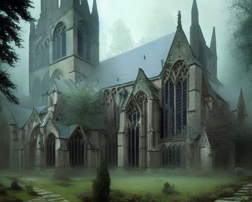 Gothic-style cathedral in mist with arches and stained glass windows