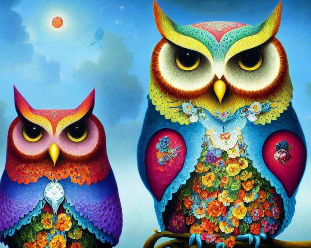 Colorful Stylized Owls Artwork Against Blue Sky Background