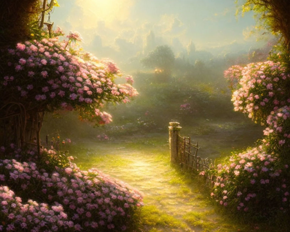 Tranquil garden path with flowering bushes under warm sunlight