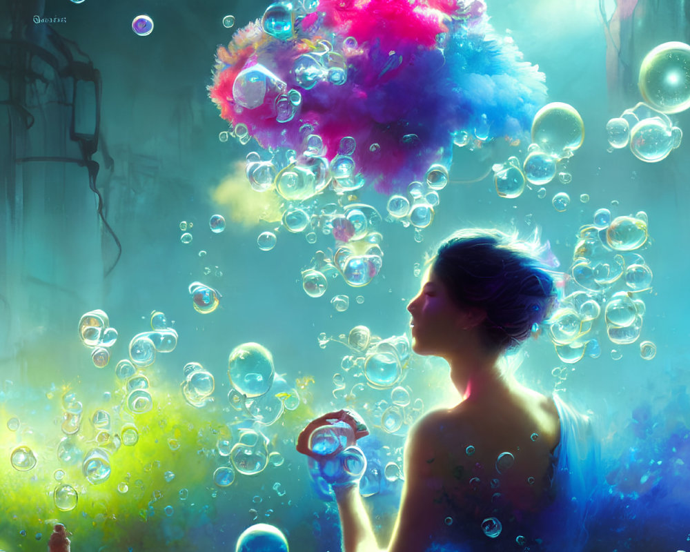 Vibrant underwater dreamscape with woman and luminous bubbles