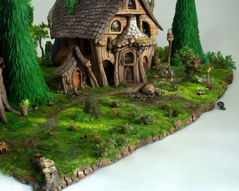 Detailed miniature fantasy cottage in lush green landscape