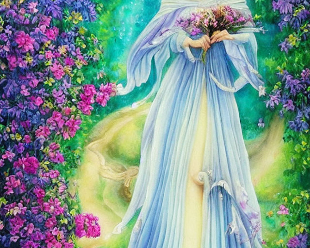 Woman in Blue Gown and Crown in Enchanting Forest with Purple Flowers