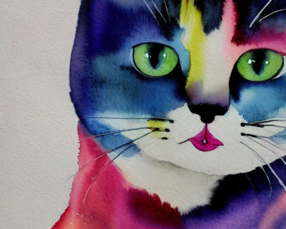 Vibrant Watercolor Painting of a Colorful Cat