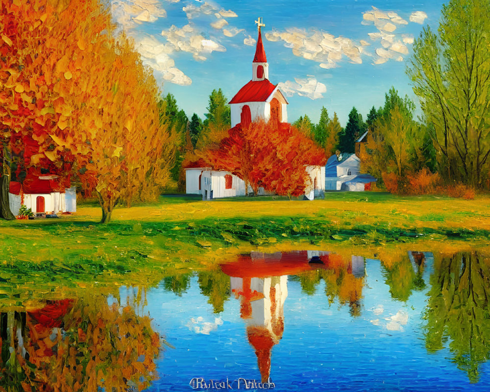 Scenic autumn landscape painting with church, warm trees, pond reflections