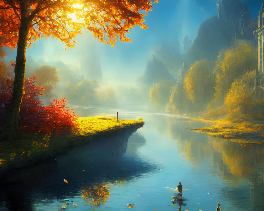 Tranquil autumn landscape with vibrant trees, river, canoe, and castle.