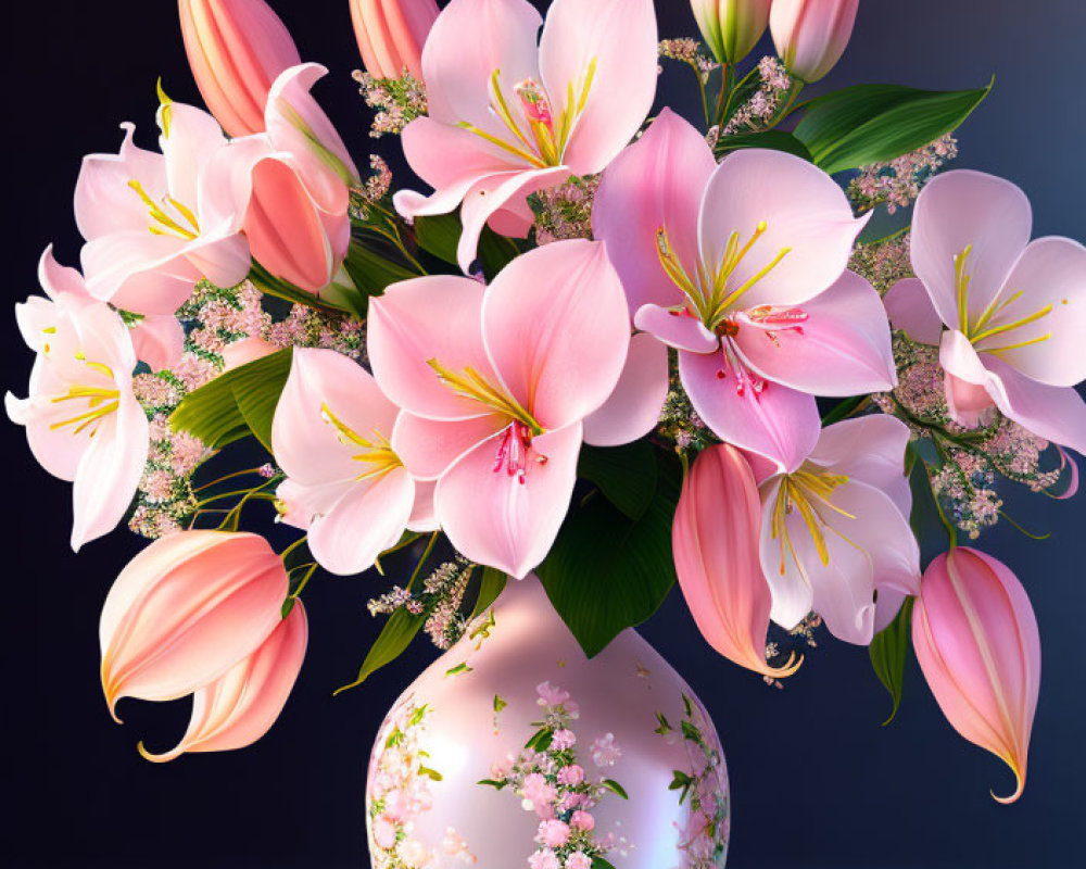 Pink lilies bouquet in floral-patterned vase on dark gradient background