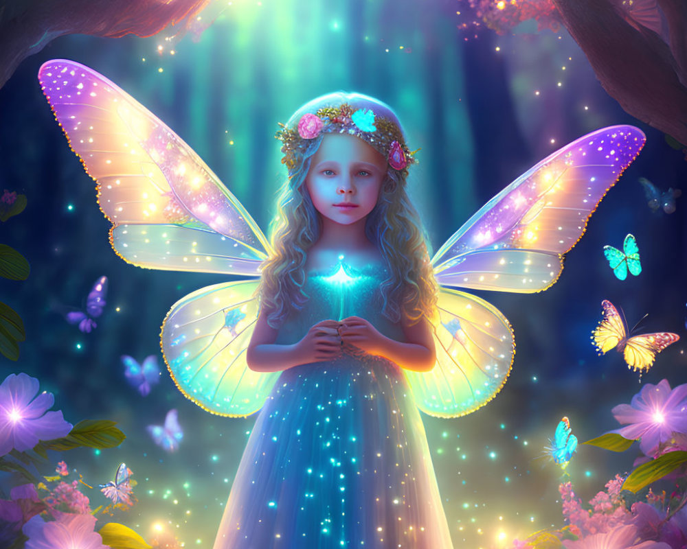 Luminescent fairy with star in magical forest