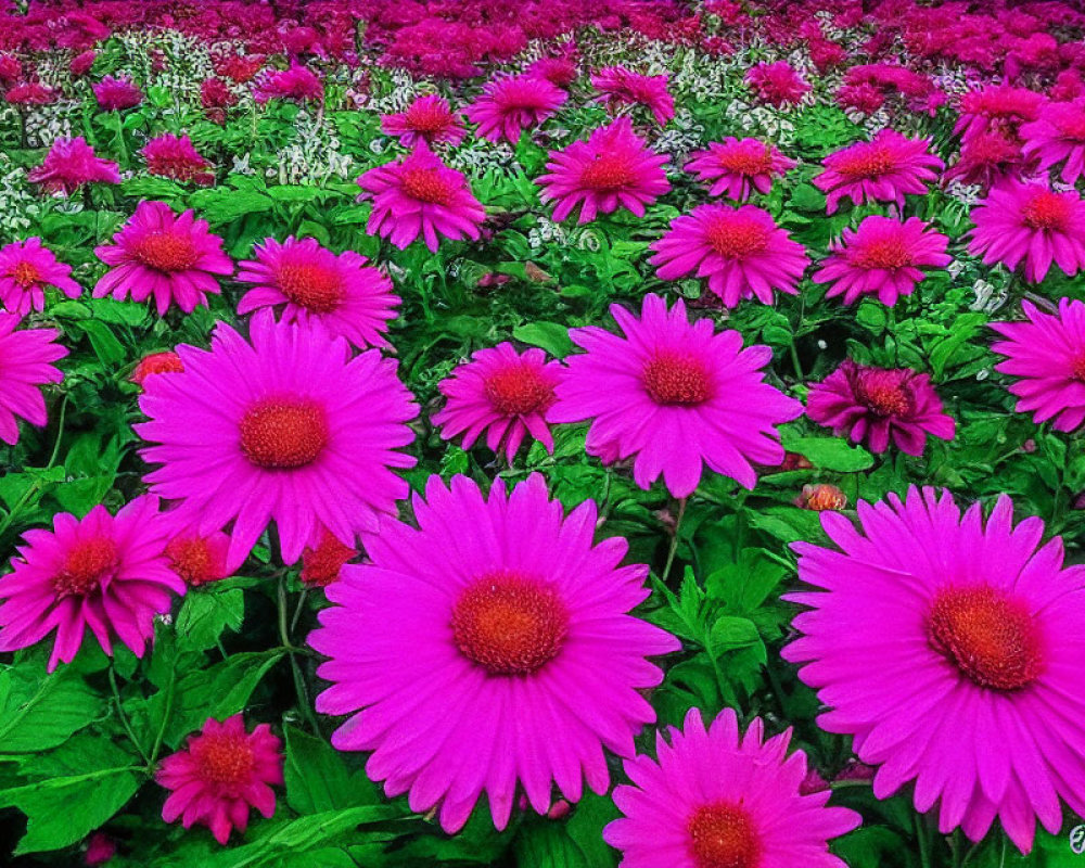 Bright Pink Flowers with Yellow Centers Among Various Floral Arrangement