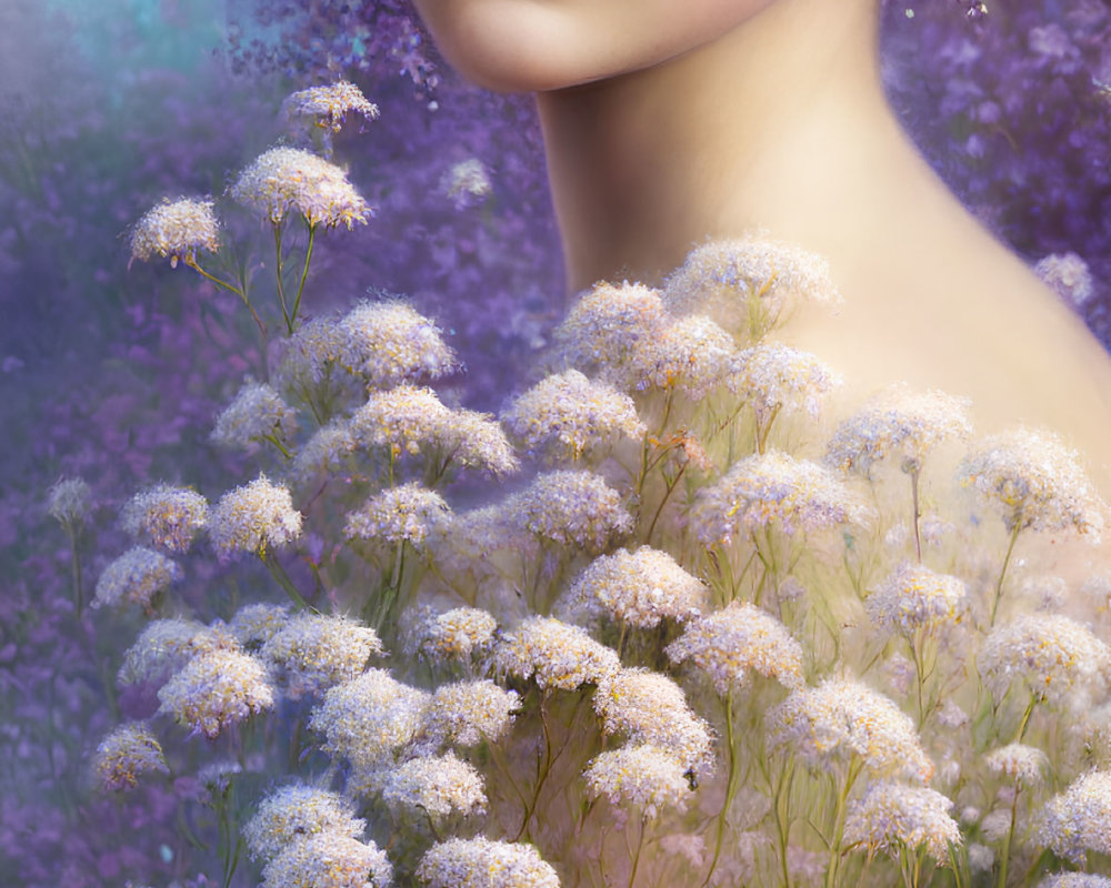 Digital art portrait featuring person with purple flowers in hair and background