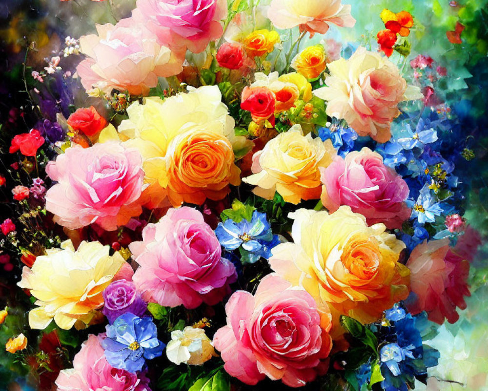 Colorful Bouquet Painting with Roses and Blue Flowers in Dreamy Style