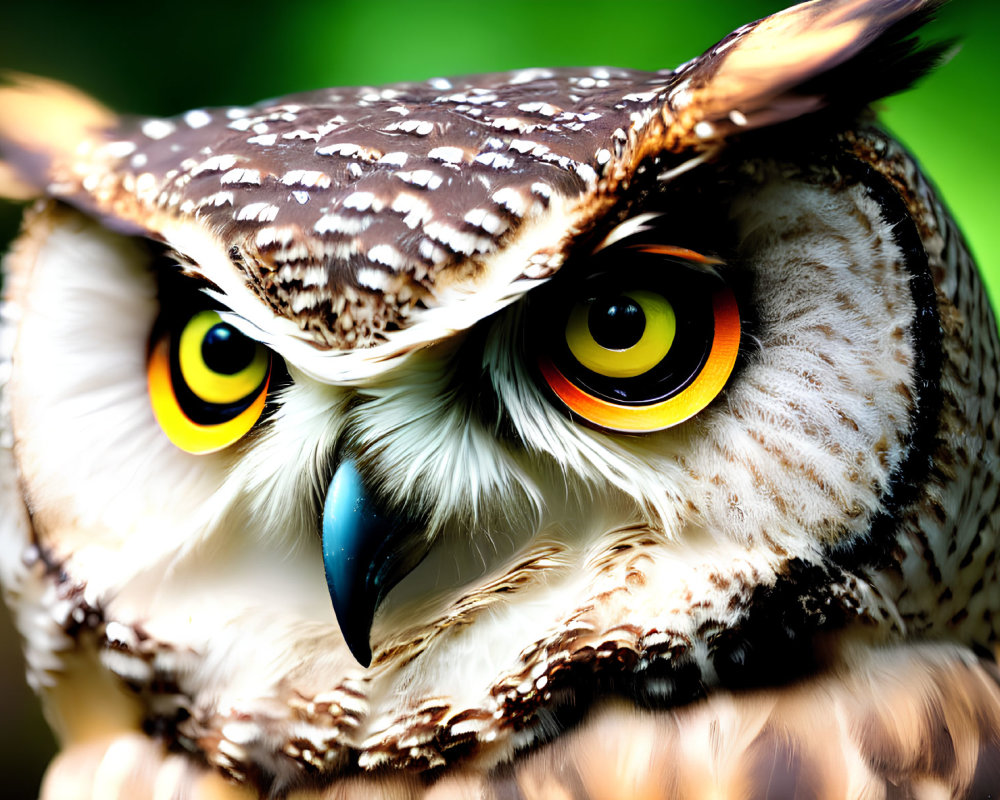 Detailed close-up of owl's intense yellow eyes, sharp beak, and intricate feathers.