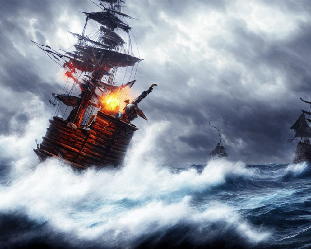 Stormy Seascape: Burning Ship in Rough Waters