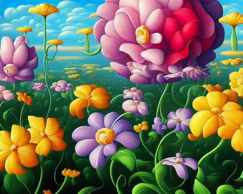 Colorful whimsical garden painting with oversized flowers and fluffy cloud-filled sky.