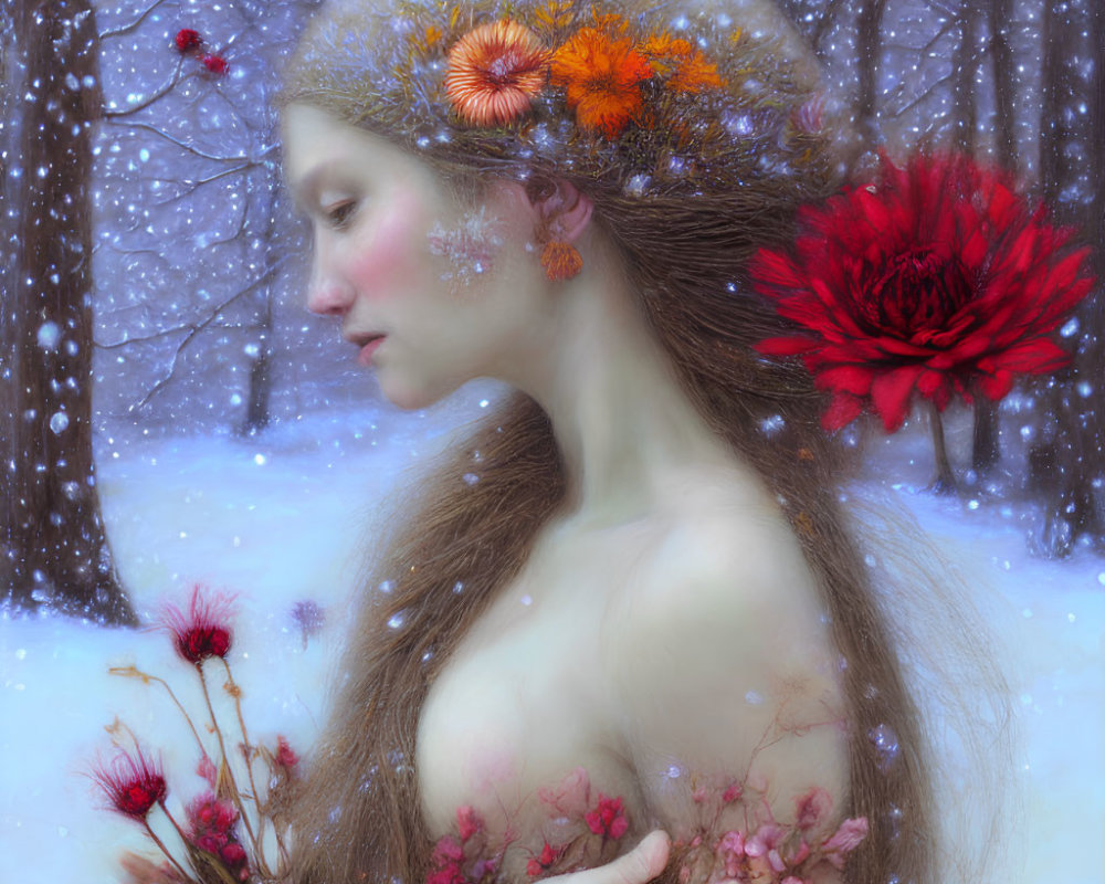 Woman with Floral Adornments in Snowy Winter Scene