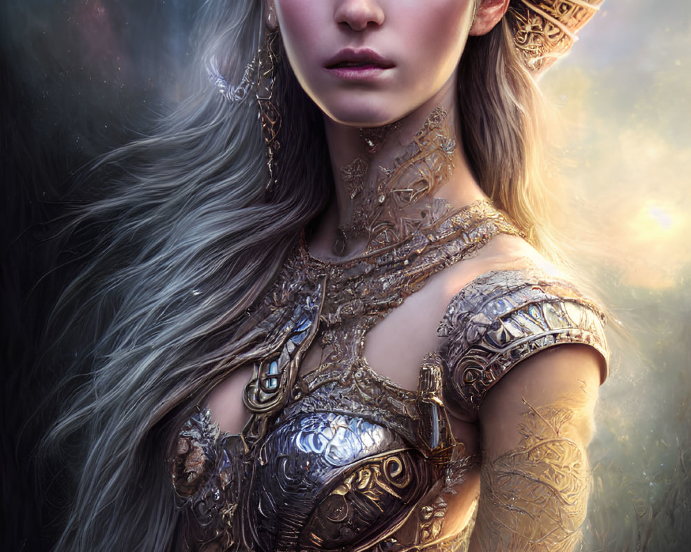 Fantasy Illustration of Woman in Golden Armor with Silver Hair