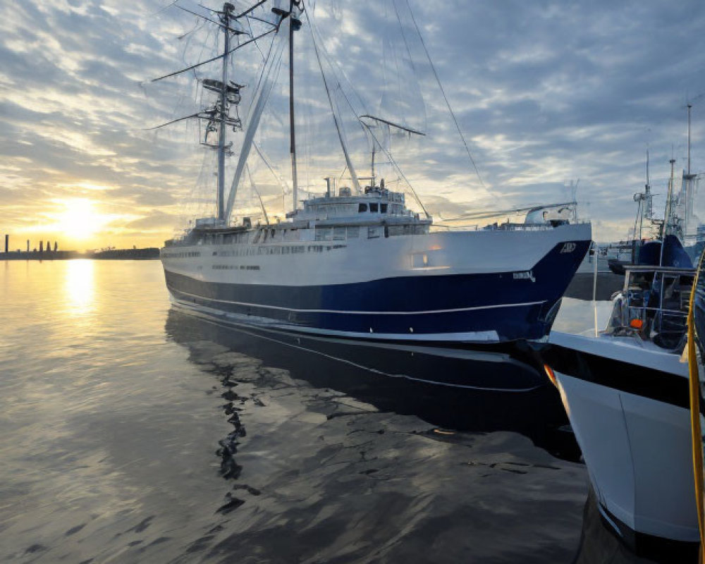 Blue and White Ship in Calm Harbor at Sunrise