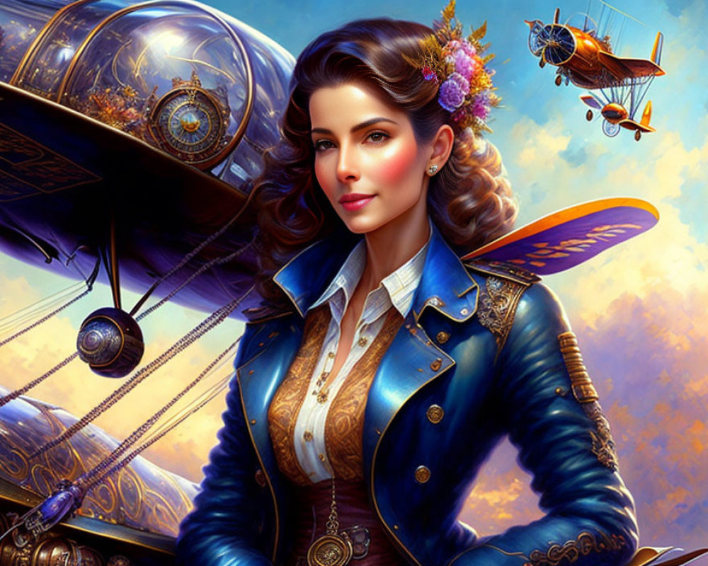 Steampunk-inspired portrait of a woman with butterfly wing accessory in blue jacket against airship backdrop