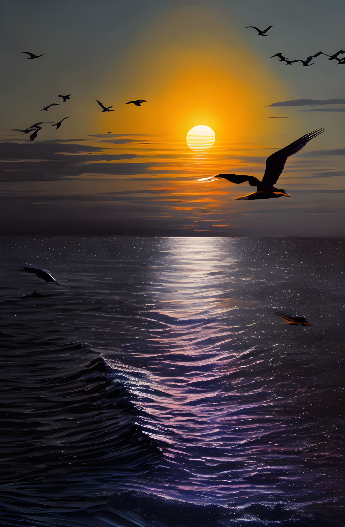 Vibrant sunset over the sea with birds and waves reflecting sunlight