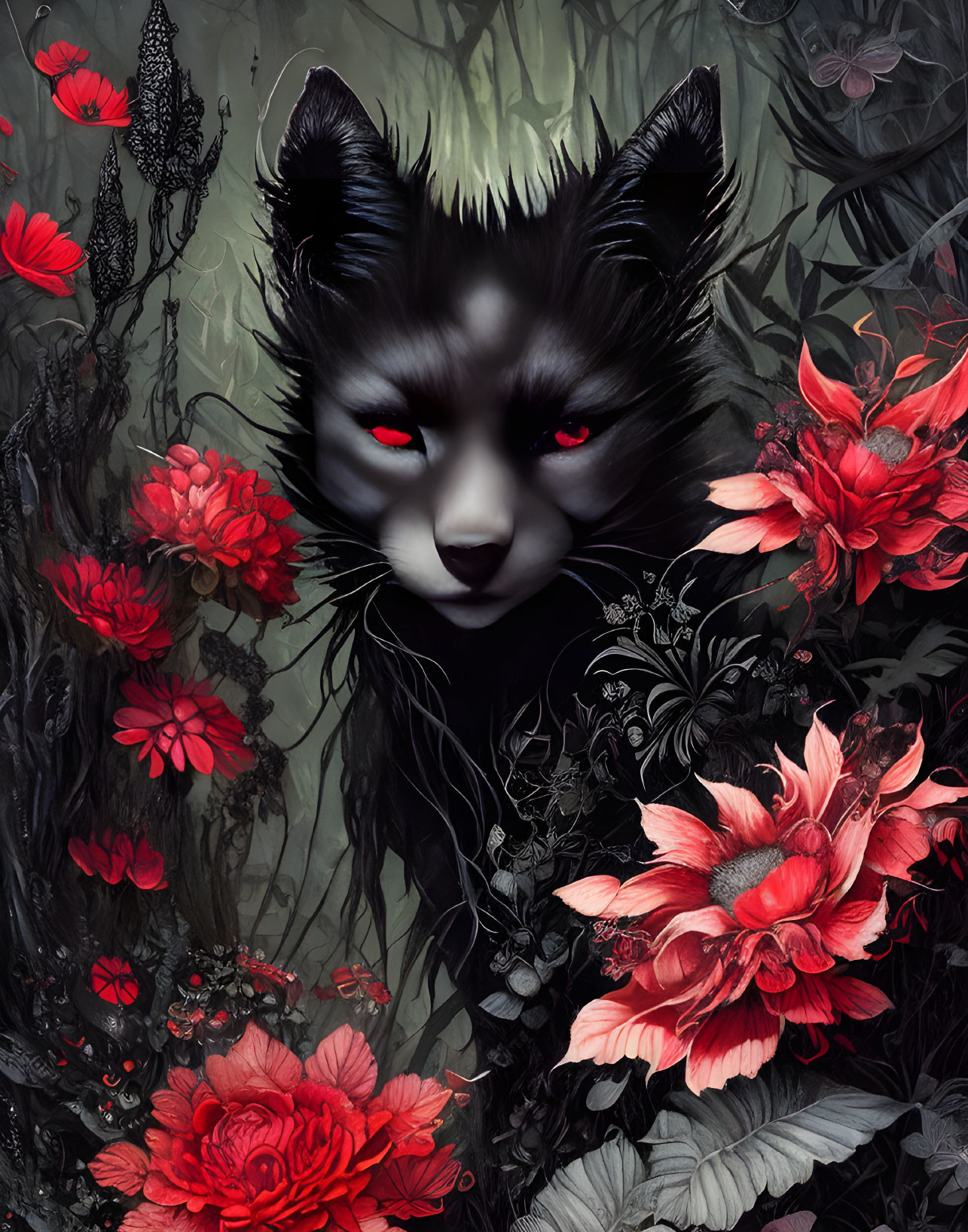 Mystical black fox with red eyes in vibrant floral setting