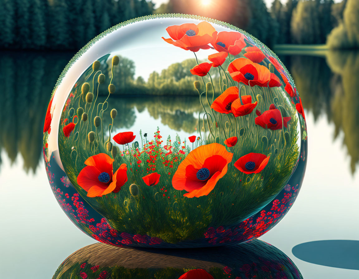 Transparent sphere with red poppies, greenery, lake, and forest reflection