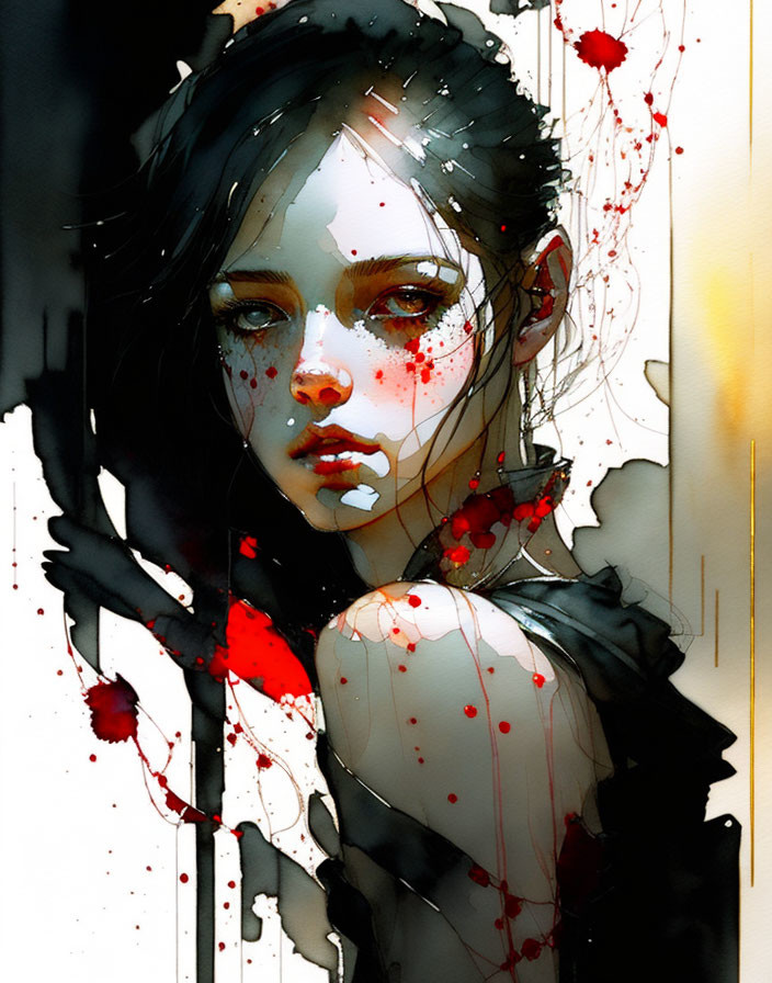 Stylized portrait of young woman with red paint splashes and intense eyes