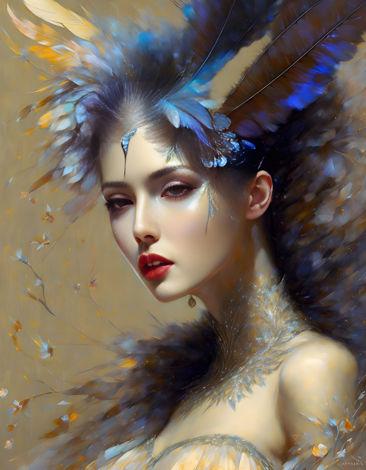 Ethereal woman with feather adornments in digital portrait